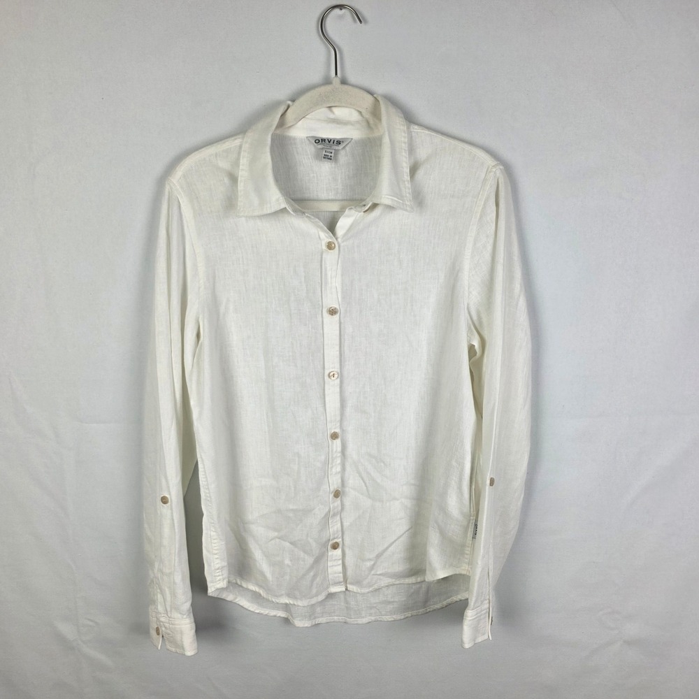 Orvis Classic Collection White Linen Blend Roll Tab Button Down Shirt Small